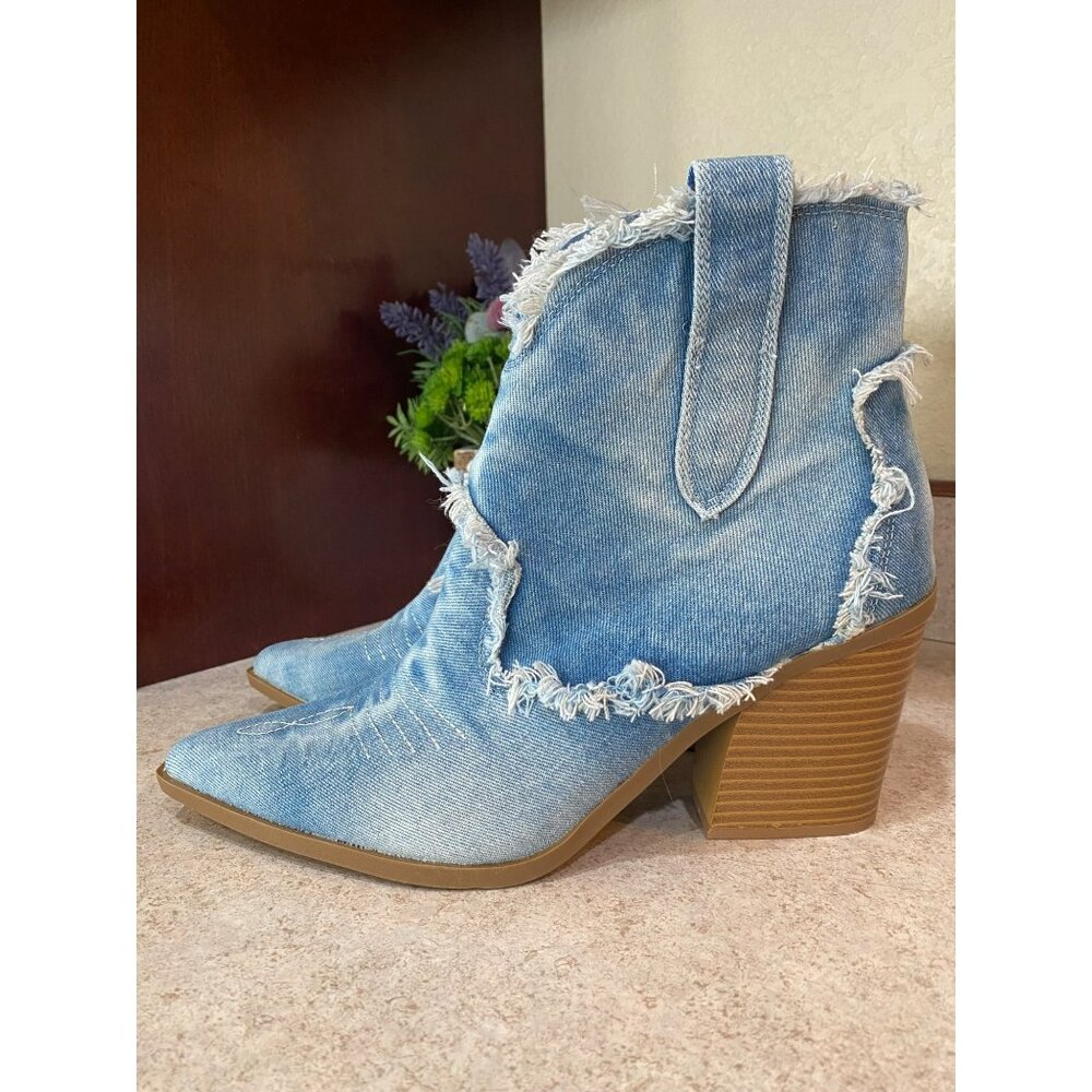 Distressed Denim Ankle Boots With Chunky Heels & Zipper Closure - Picture 7 of 11